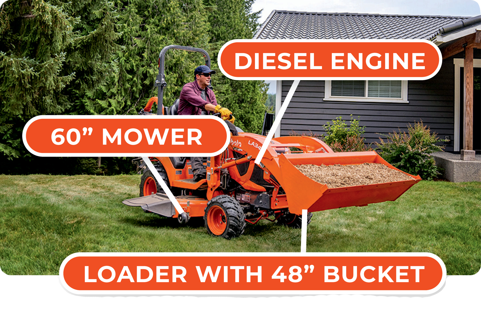 21hp diesel tractor comes with 60 inch mower and loader with a 48 inch bucket.