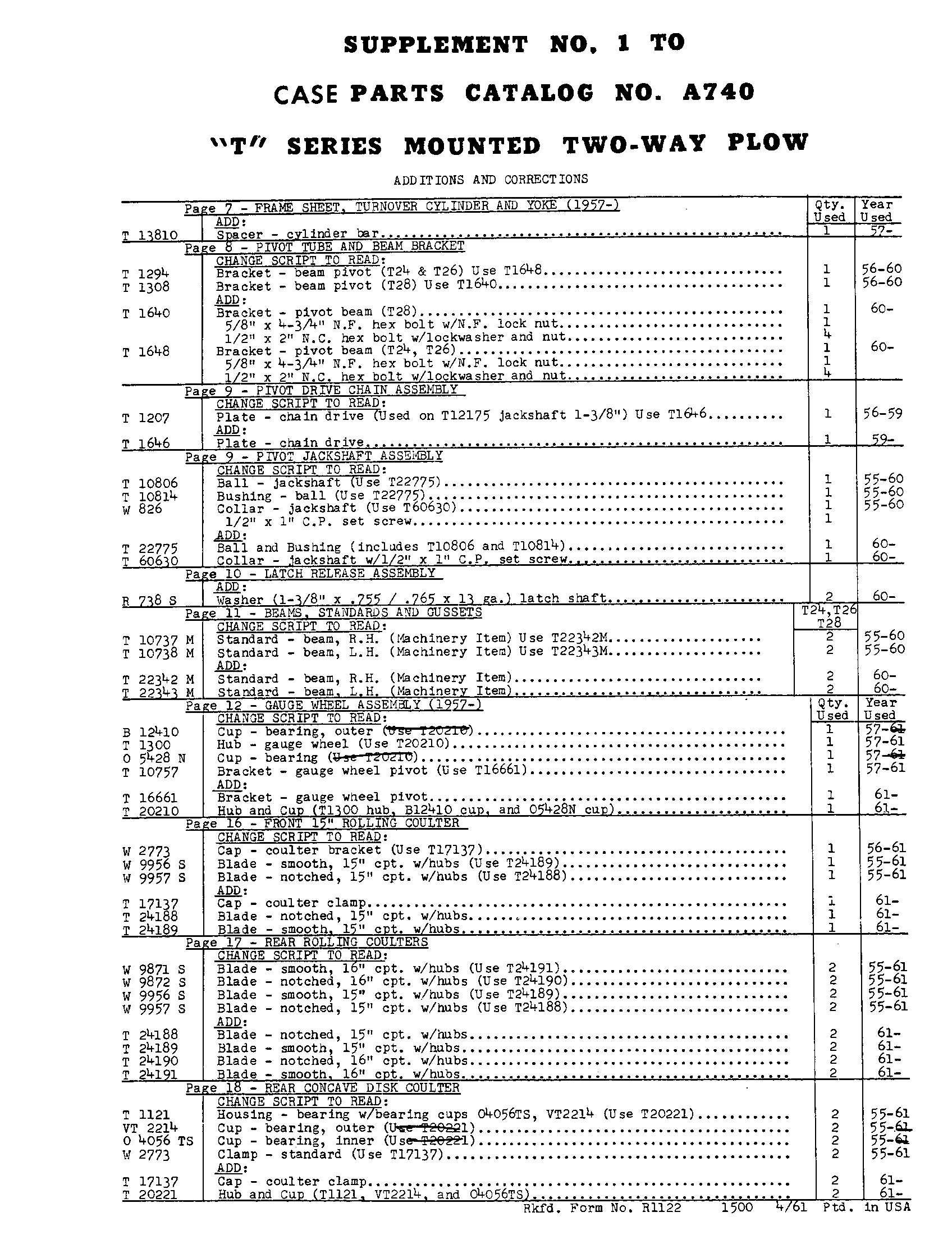 Case IH T-SERIES - CASE 2-WAY MOUNTED PLOWS(01/55 - 12/63) Parts Diagrams